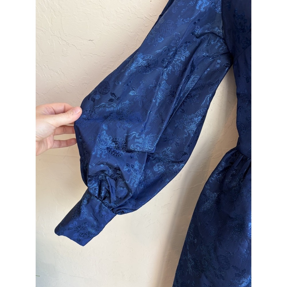 Vintage 60s 70s Handmade Navy Brocade Mini Dress XS S Gothic Victorian Regency - Picture 4 of 14